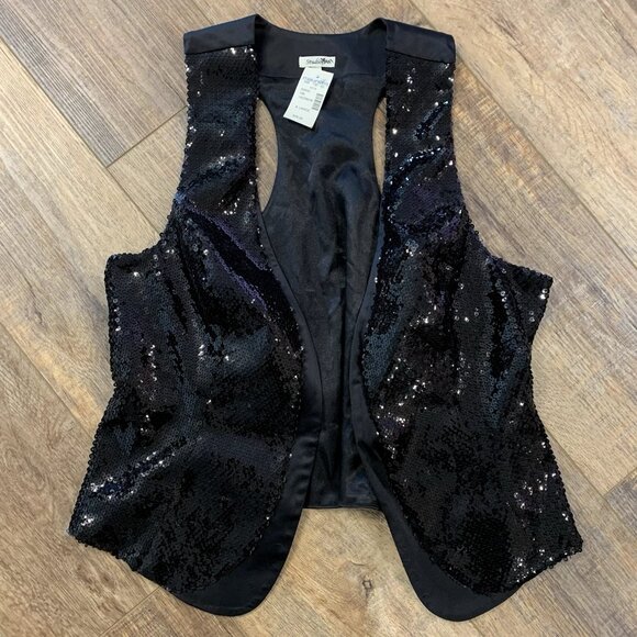 Cabaret Nightlife BLACK SEQUIN VEST Women's XL Silky Tie Back Whimigoth Coquette - Picture 1 of 3